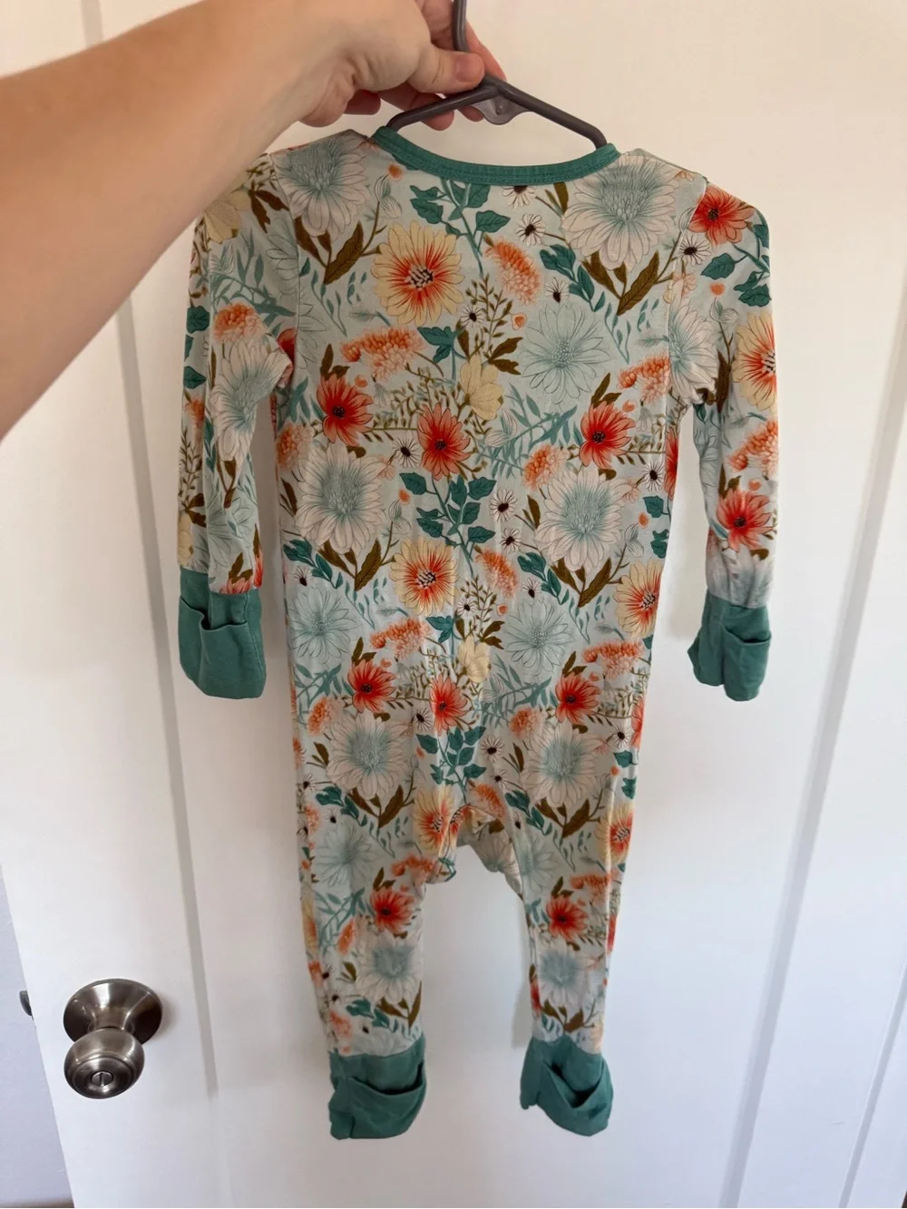 Floral Zip-Front Kids One-Piece Romper in Teal and Coral, bamboo